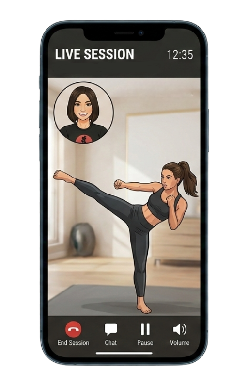 treningi online dla kobiet, trener online na siłowni, trenerka online dla kobiet, trenerka przez telefon prowadzi trening kicboxingu dla kobiety